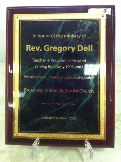 photo of plaque honoring Greg